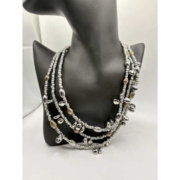 Chico's Brushed Silver Tone & Brass Beaded Layered MultiStrand Necklace - Picture 1 of 3
